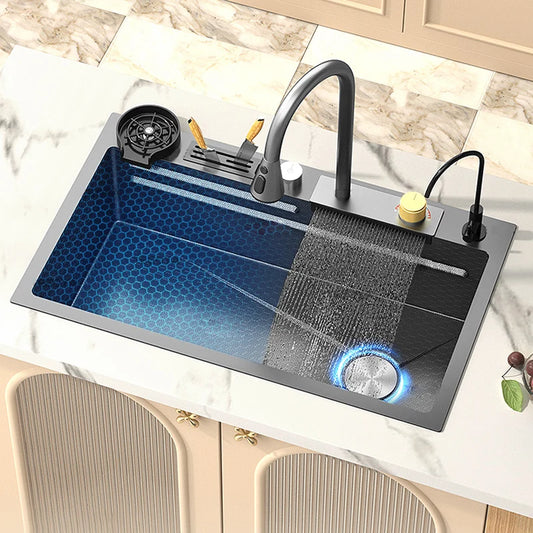 Waterfall Kitchen Sink Stainless Steel Embossed Large Single Slot Multifunctional Wash