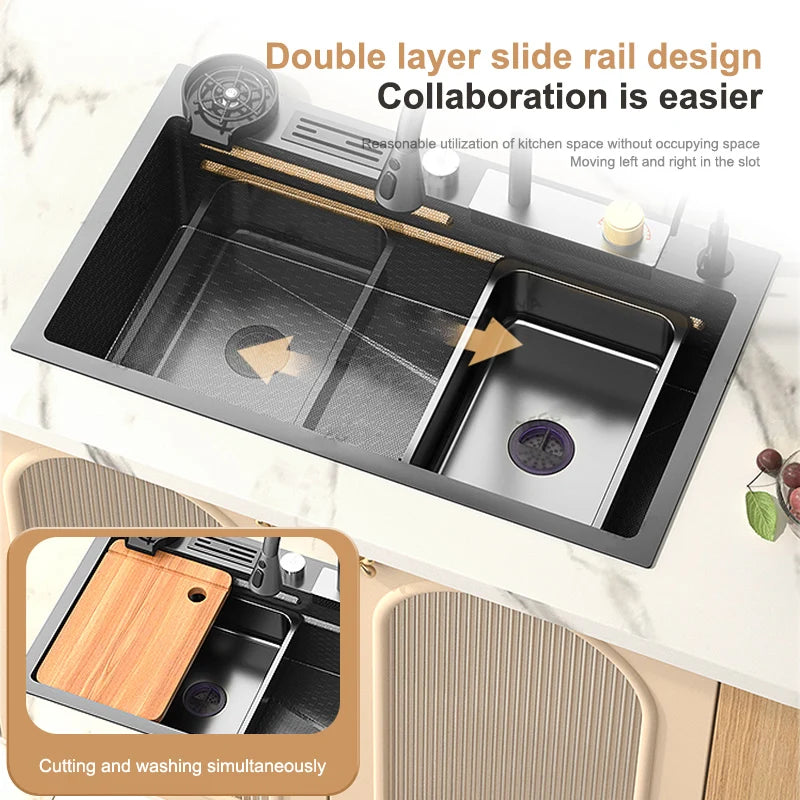 Waterfall Kitchen Sink Stainless Steel Embossed Large Single Slot Multifunctional Wash