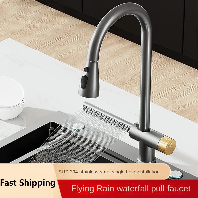 Kitchen Sink Pull-out Faucet Rain Waterfall Cold and Hot Mixer Tap Splash-proof