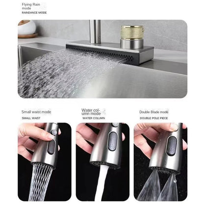 Kitchen 304 Stainless Steel Pull-out Waterfall Single Hole Faucet Dishwashing Basin Cold