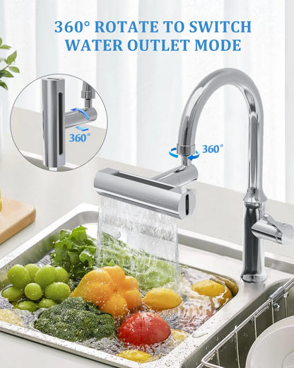 4 IN 1 Sink Waterfall Kitchen Faucet Bubbler Splash-proof 360° Bathroom Skin Basin