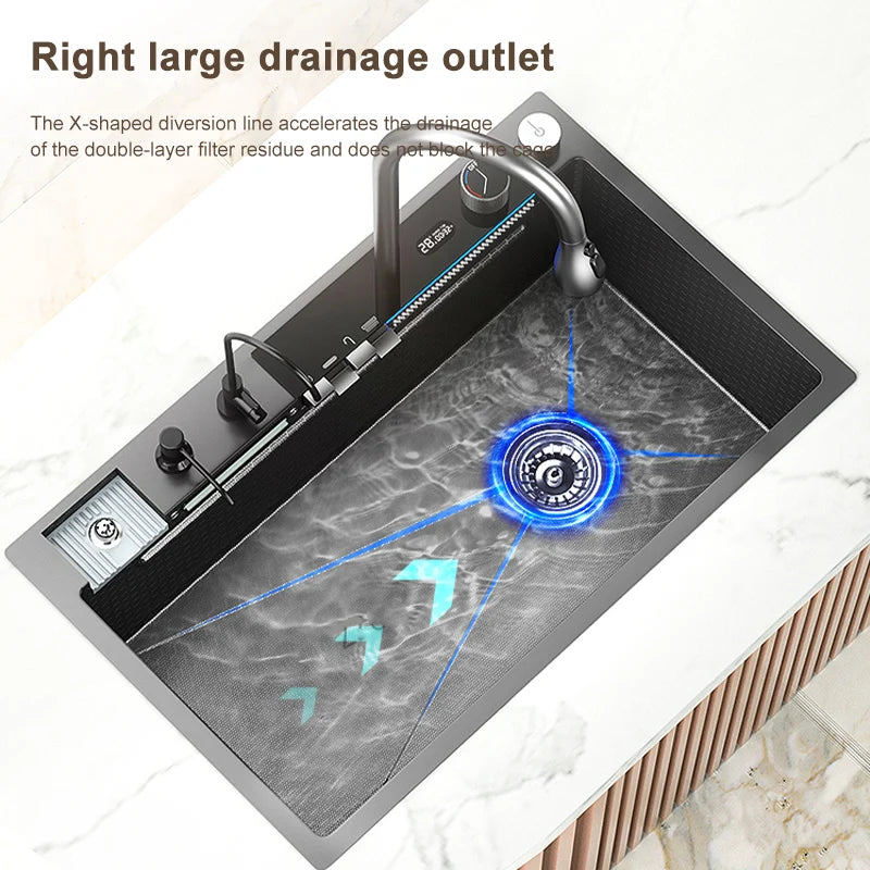 Stainless Steel Waterfall Kitchen Sink Large Single Slot Digital Display Faucet Set