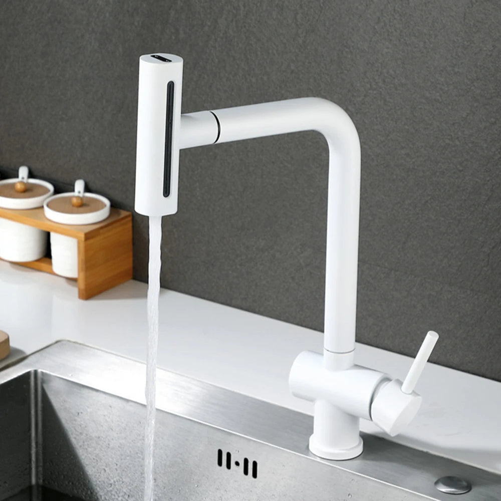 Waterfall White Kitchen Faucet  360 ° Rotation Cold and Hot Deck Mounted Pull Out Sink