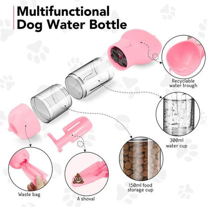 3 In 1 Portable Pet Dog Water Bottle Food Feeder Drinker Poop Dispenser