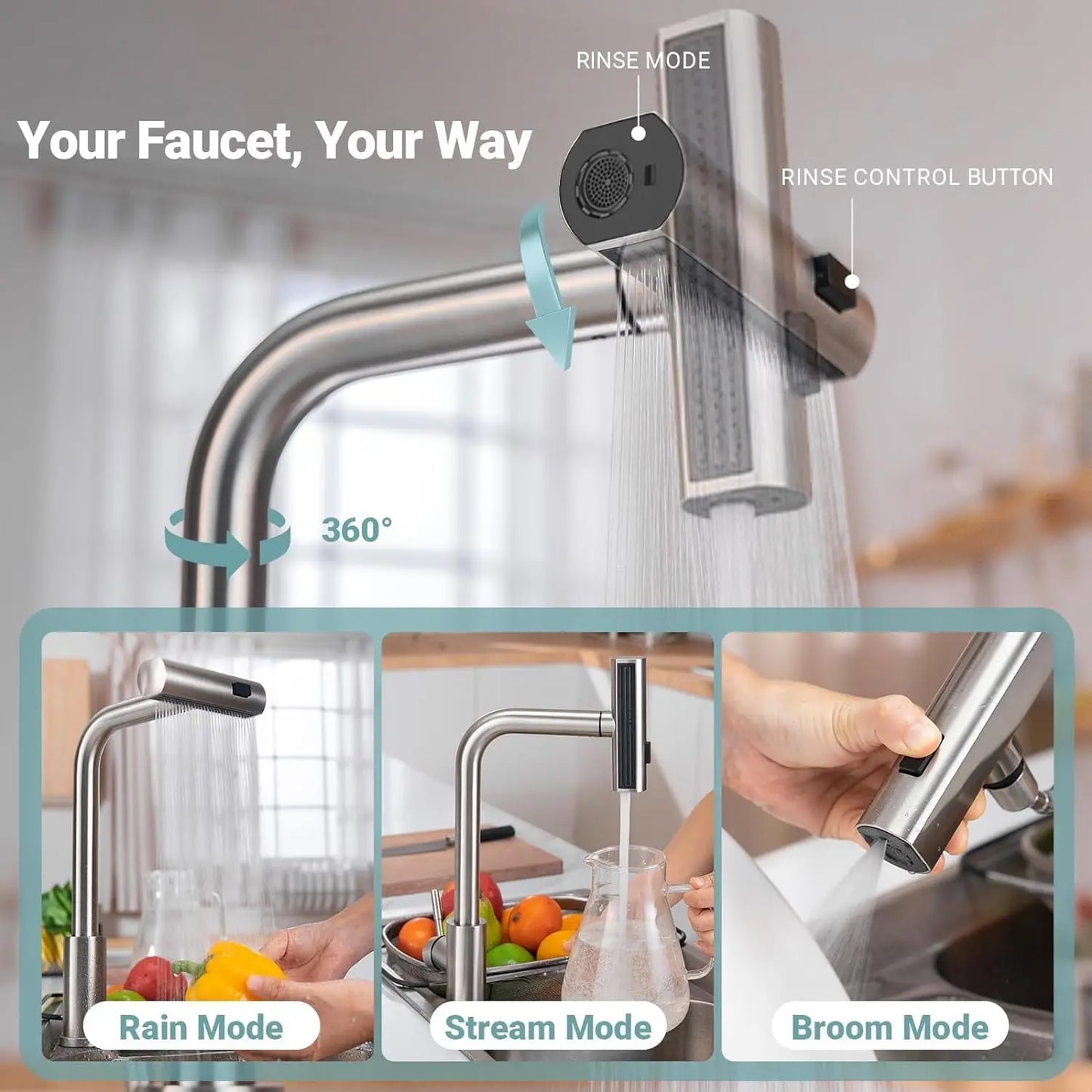 3 Mode Kitchen Faucets Pull Out Rotation Waterfall Stream Sprayer Head Sink Mixer