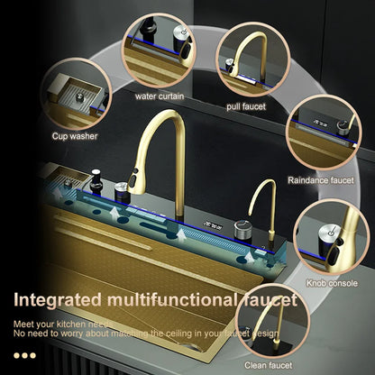 Golden Stainless Steel Kitchen Sink Double Waterfall Sink Digital Display Embossed