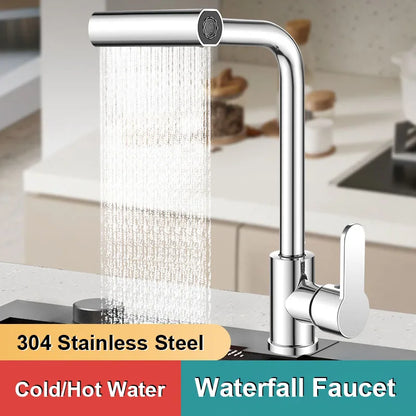 4 Modes Stainless Steel Kitchen Faucet Waterfall Stream Sprayer Hot Cold Water Mixer Sink