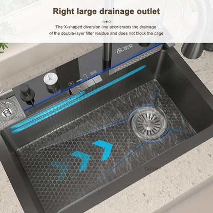 Double Waterfall Sink Embossed Stainless Steel Kitchen Sink Large Single Slot Digital