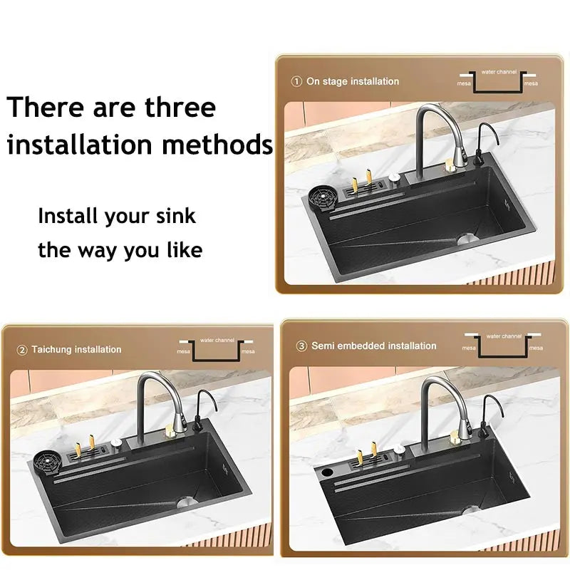 Waterfall Kitchen Sink Stainless Steel Embossed Large Single Slot Multifunctional Wash