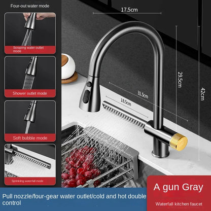 Kitchen Sink Pull-out Faucet Rain Waterfall Cold and Hot Mixer Tap Splash-proof