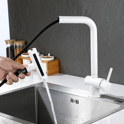 Waterfall White Kitchen Faucet  360 ° Rotation Cold and Hot Deck Mounted Pull Out Sink