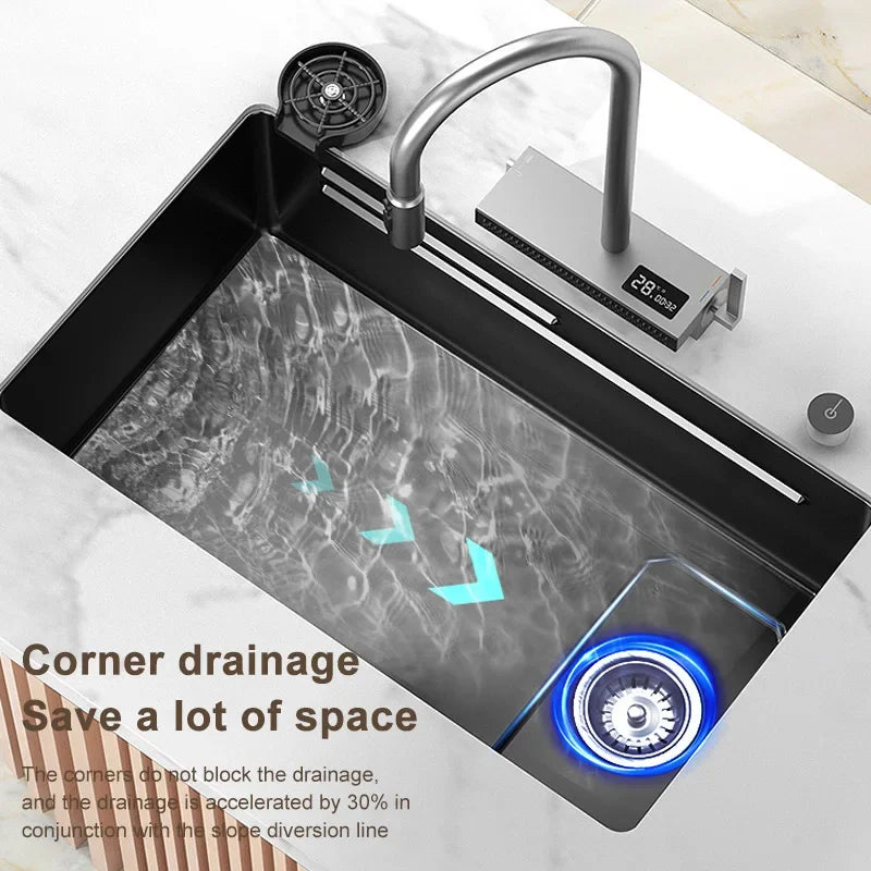 Black Washbasin Kitchen Sink Large Single Slot Stainless Steel Waterfall Sink Dishwashing