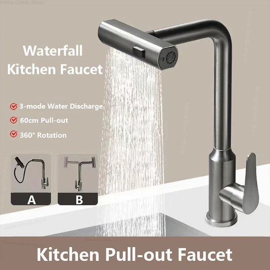 3 Mode Kitchen Faucets Pull Out Rotation Waterfall Stream Sprayer Head Sink Mixer