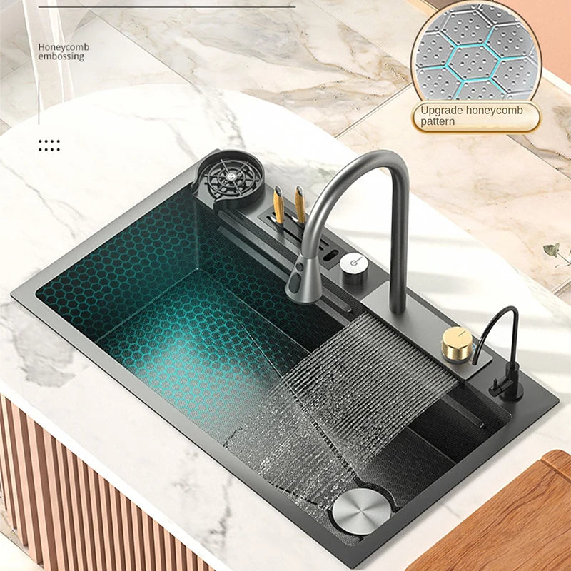 Feiyu Waterfall Kitchen Sink Embossed Honeycomb 304 Stainless Steel Large Single Slot Vegetable