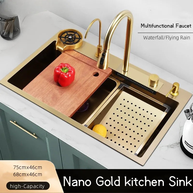 Gold 304 Stainless Steel kitchen Waterfall Sink,Vegetable Washing Basin,Large Single