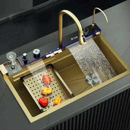 Golden Stainless Steel Kitchen Sink Double Waterfall Sink Digital Display Embossed