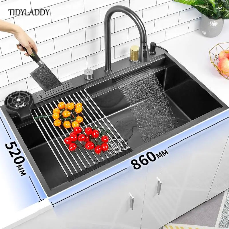 Black Nano Waterfall Feiyu Kitchen Sink Stainless Steel Large Single Slot Wash Basin