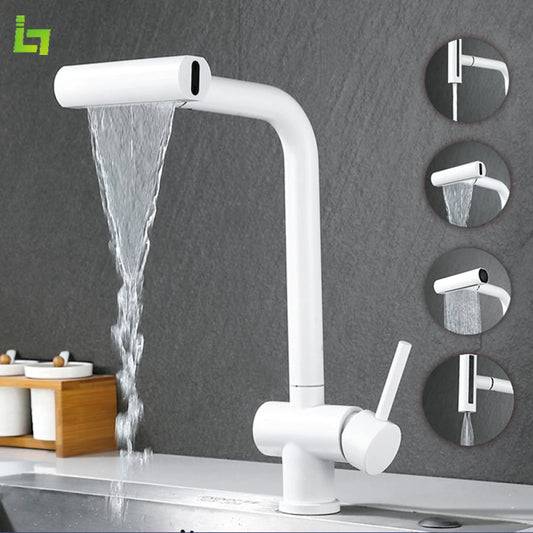 Waterfall White Kitchen Faucet  360 ° Rotation Cold and Hot Deck Mounted Pull Out Sink