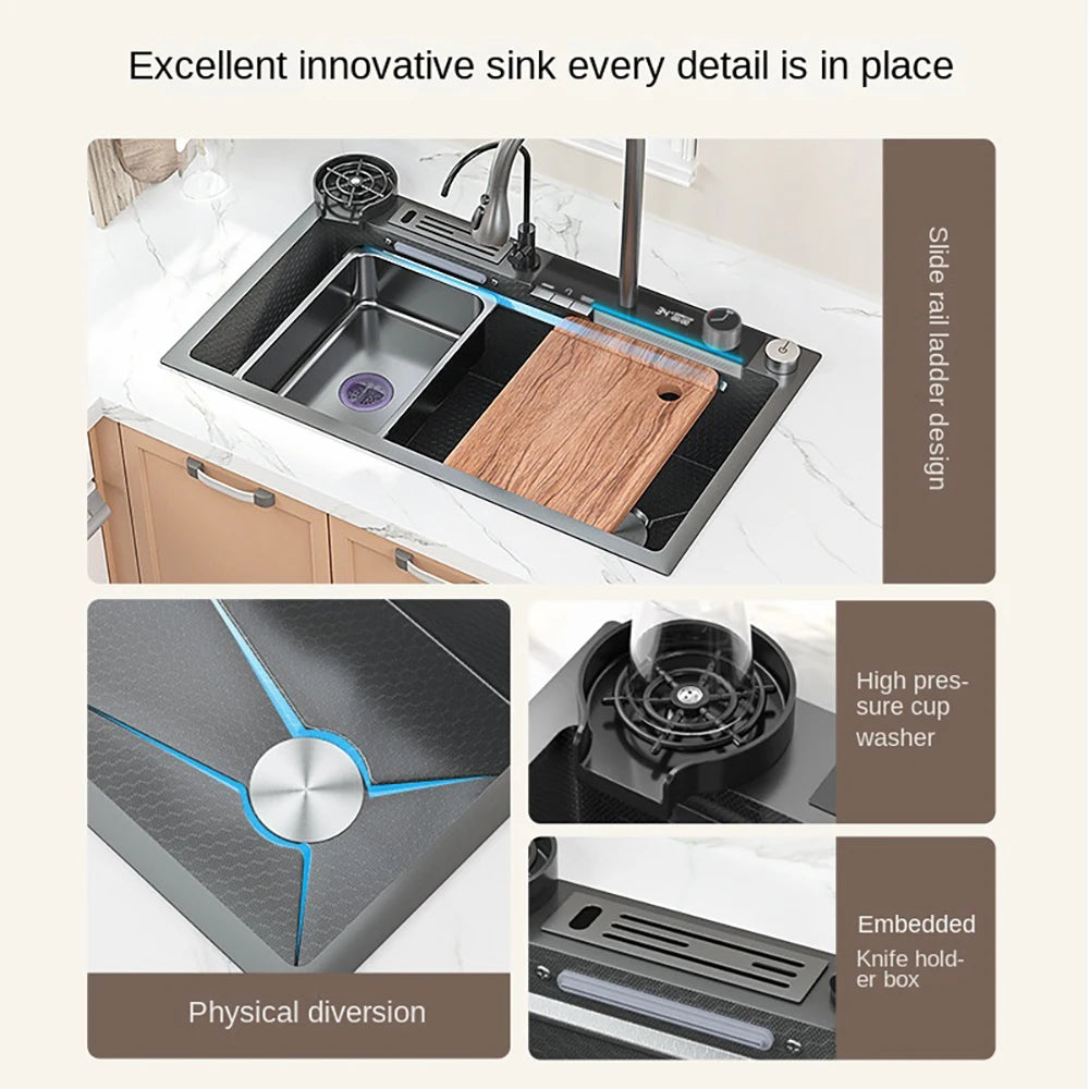 Waterfall Kitchen Sink Digital Display Single Bowl Kitchen Sinks Multifunctional Mordern