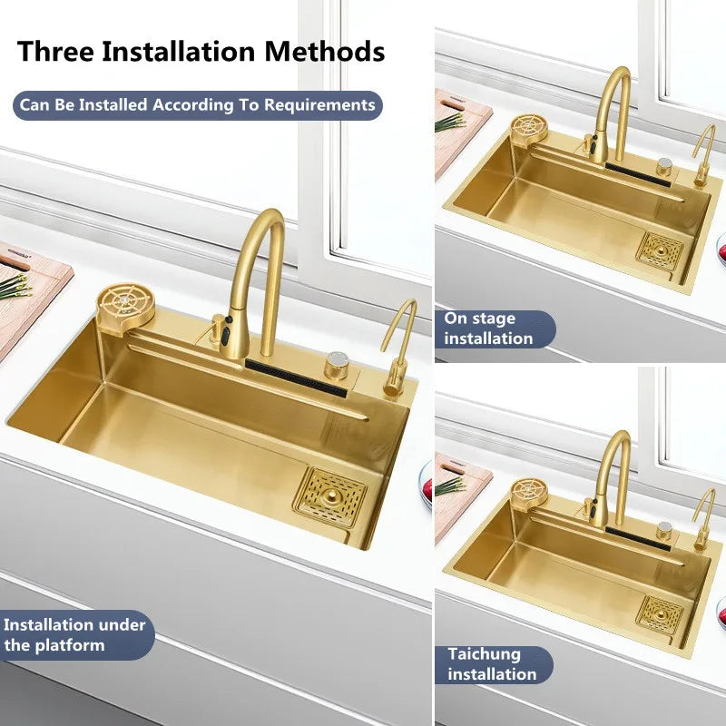 Gold 304 Stainless Steel kitchen Waterfall Sink,Vegetable Washing Basin,Large Single