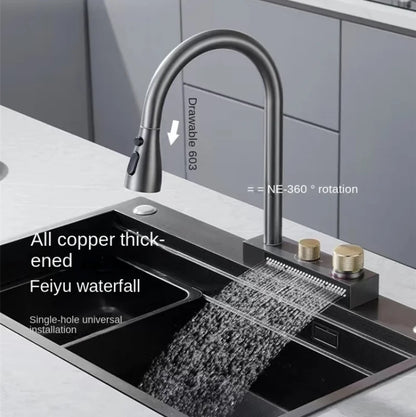 Kitchen 304 Stainless Steel Pull-out Waterfall Single Hole Faucet Dishwashing Basin Cold