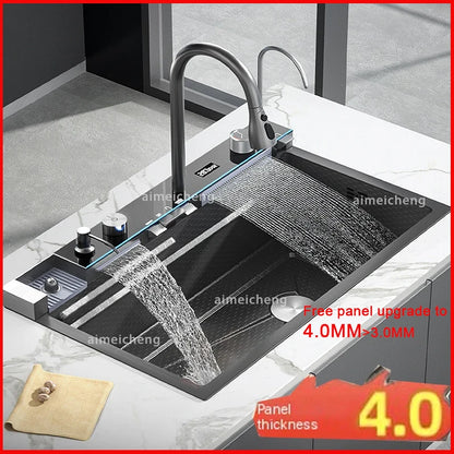 Waterfall Sink Kitchen Stainless Steel Topmount Sink Large Single Slot Wash Basin With Multifunction