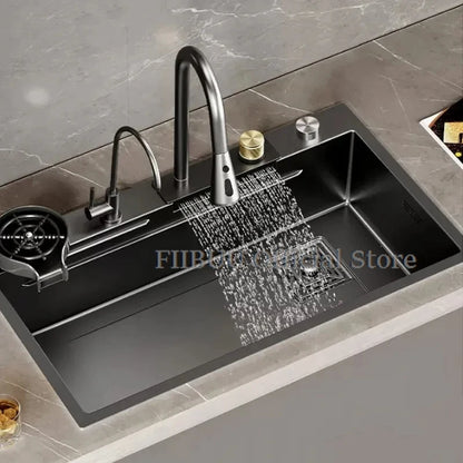 Stainless Steel Black Raindance Waterfall Kitchen Sink Large Single Bowl Wash